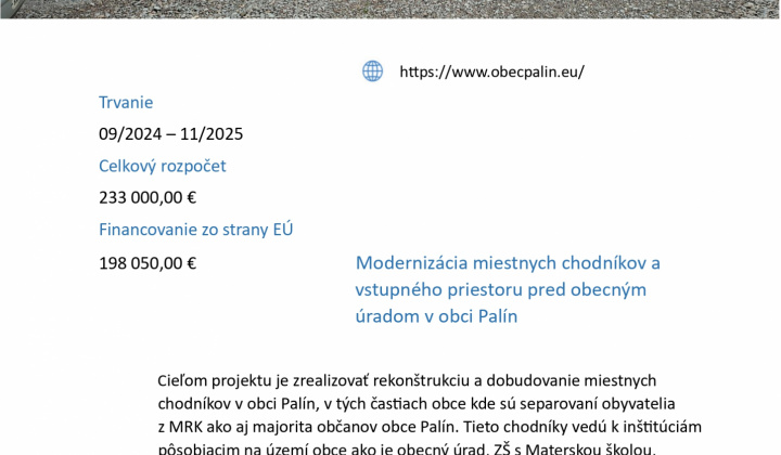 Modernizácia miestnych chodníkov a vstupného priestoru pred obecným úradom v obci Palín