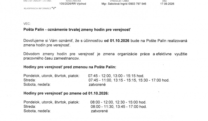 Fotka - Oznam Slovenskej pošty - oznámenie trvalej zmeny hodín pre verejnosť 